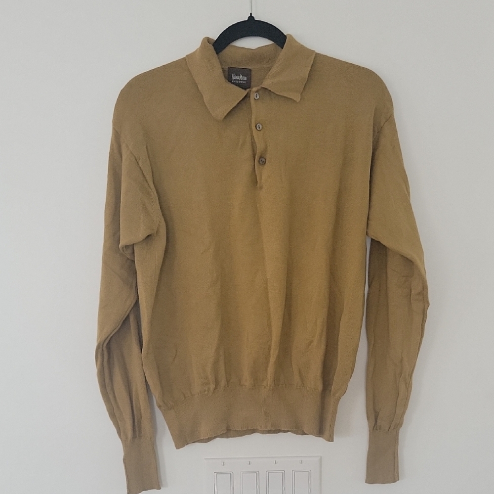 Neiman Marcus Men's Tan Brown Deep Mustard Polo Sweater